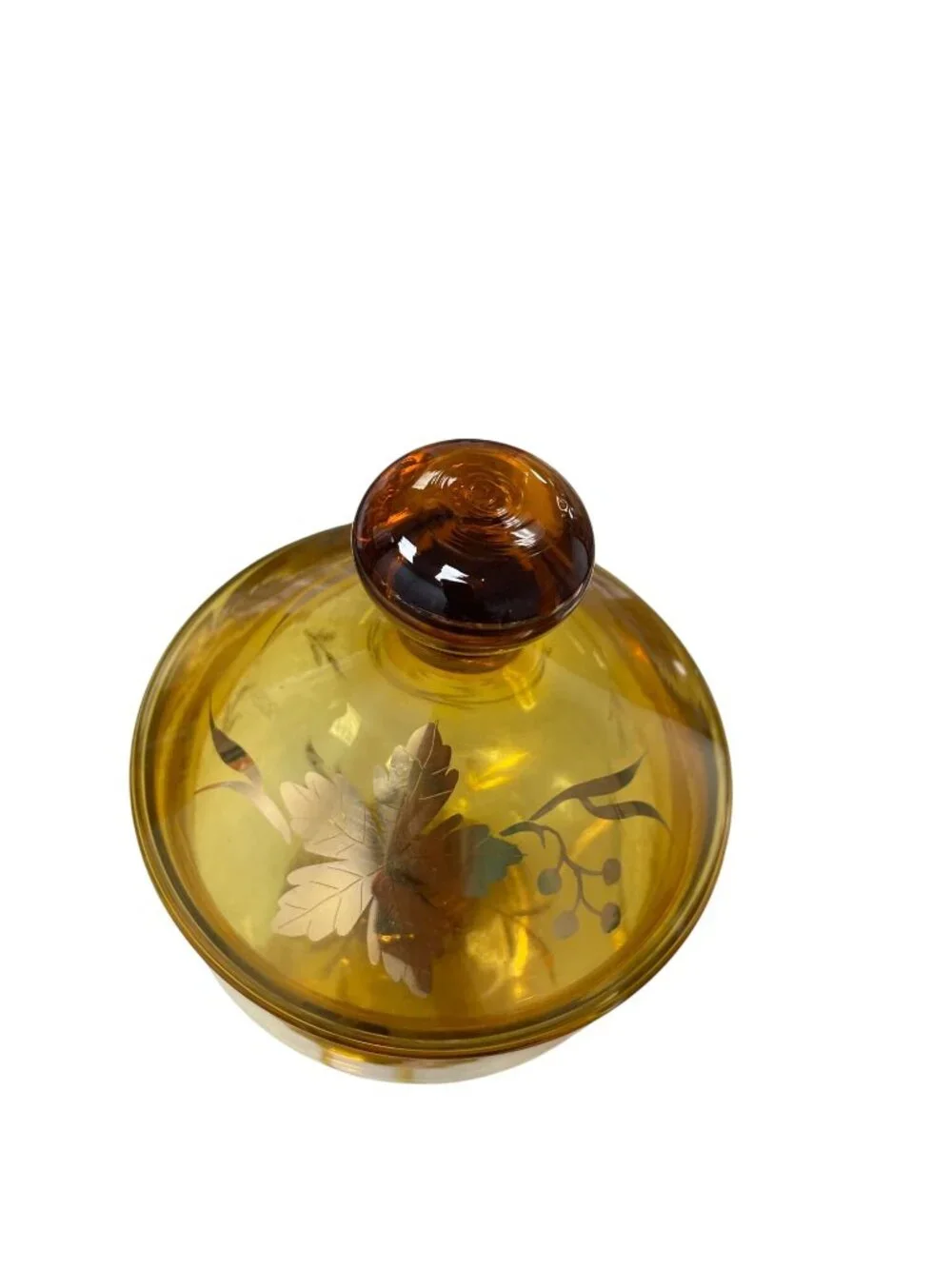 Romanian Vintage amber glass gold leaf pedestal candy dish SKU 140-814